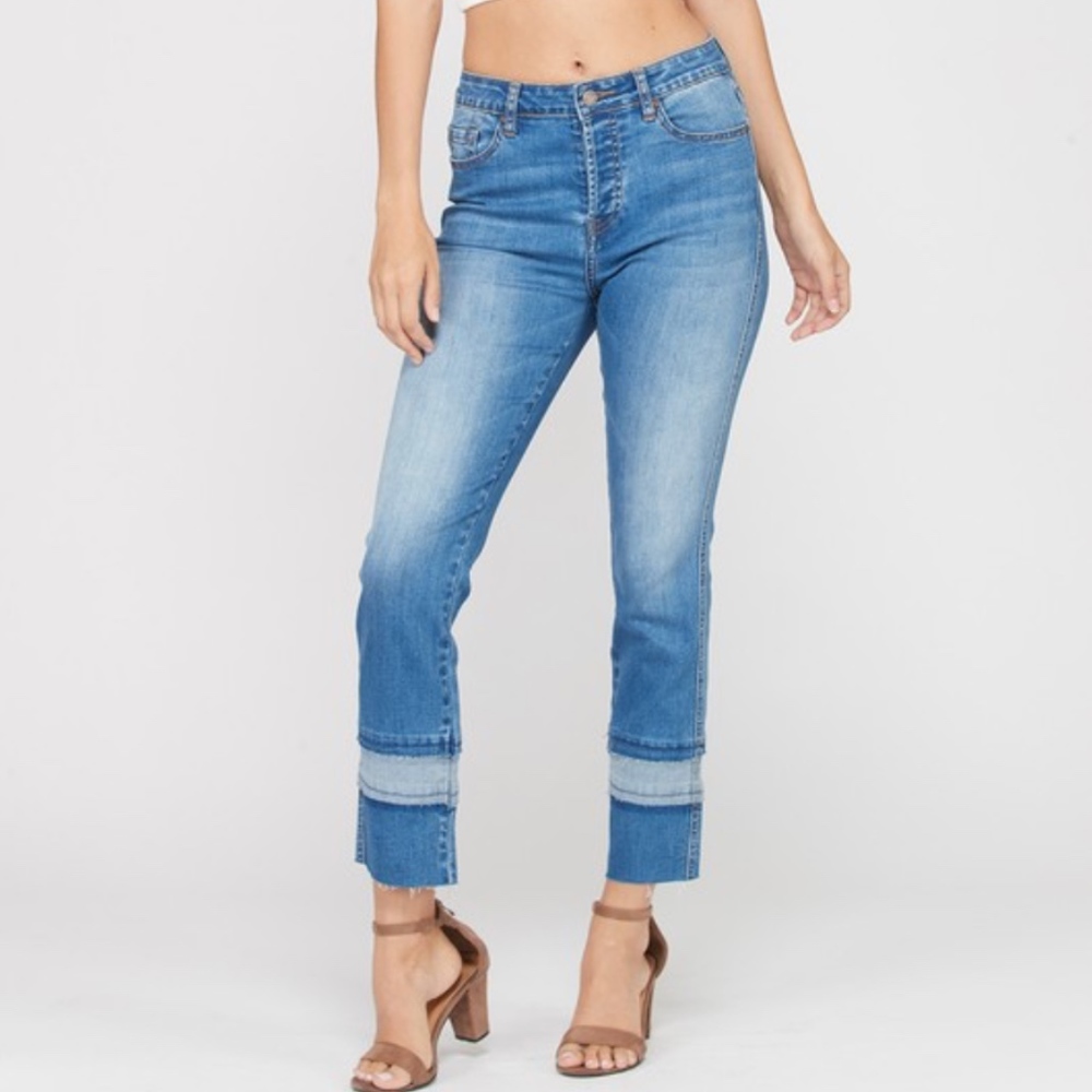 CONTRAST STRIPE HEM COTTON DENIM MOM JEANS